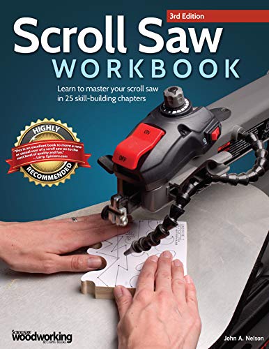 Scroll saw workbook cover with a saw and hands demonstrating use.