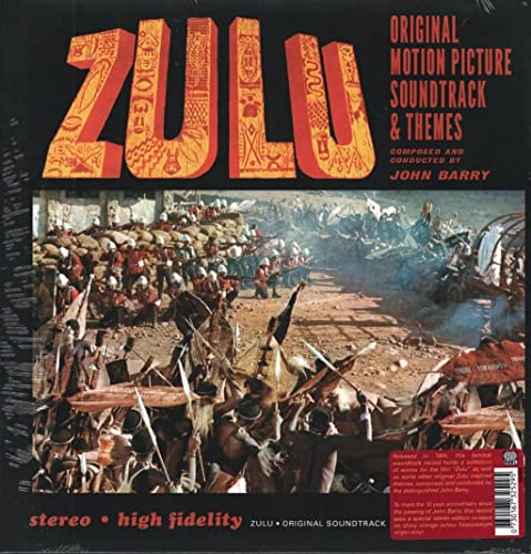 Album cover for Zulu soundtrack featuring orange stylized text and a battle scene.