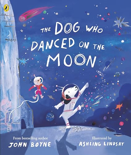 Dog in spacesuit dances on the moon with a rocket and stars.