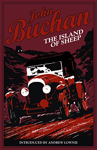 Book cover: red car on a road, dark hills, text “The Island of Sheep”.