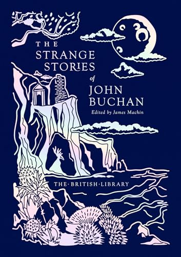 Book cover with white line art of a coastal landscape, moon, and text on blue.