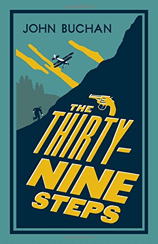 Book cover for "The Thirty-Nine Steps" with a plane, gun, and figure.