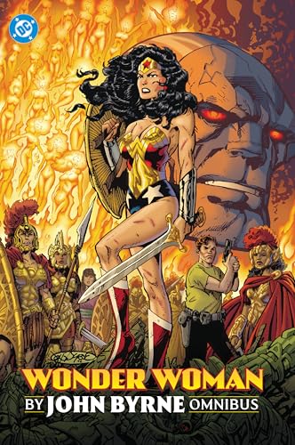 Wonder Woman stands heroically with shield and sword, fiery background.