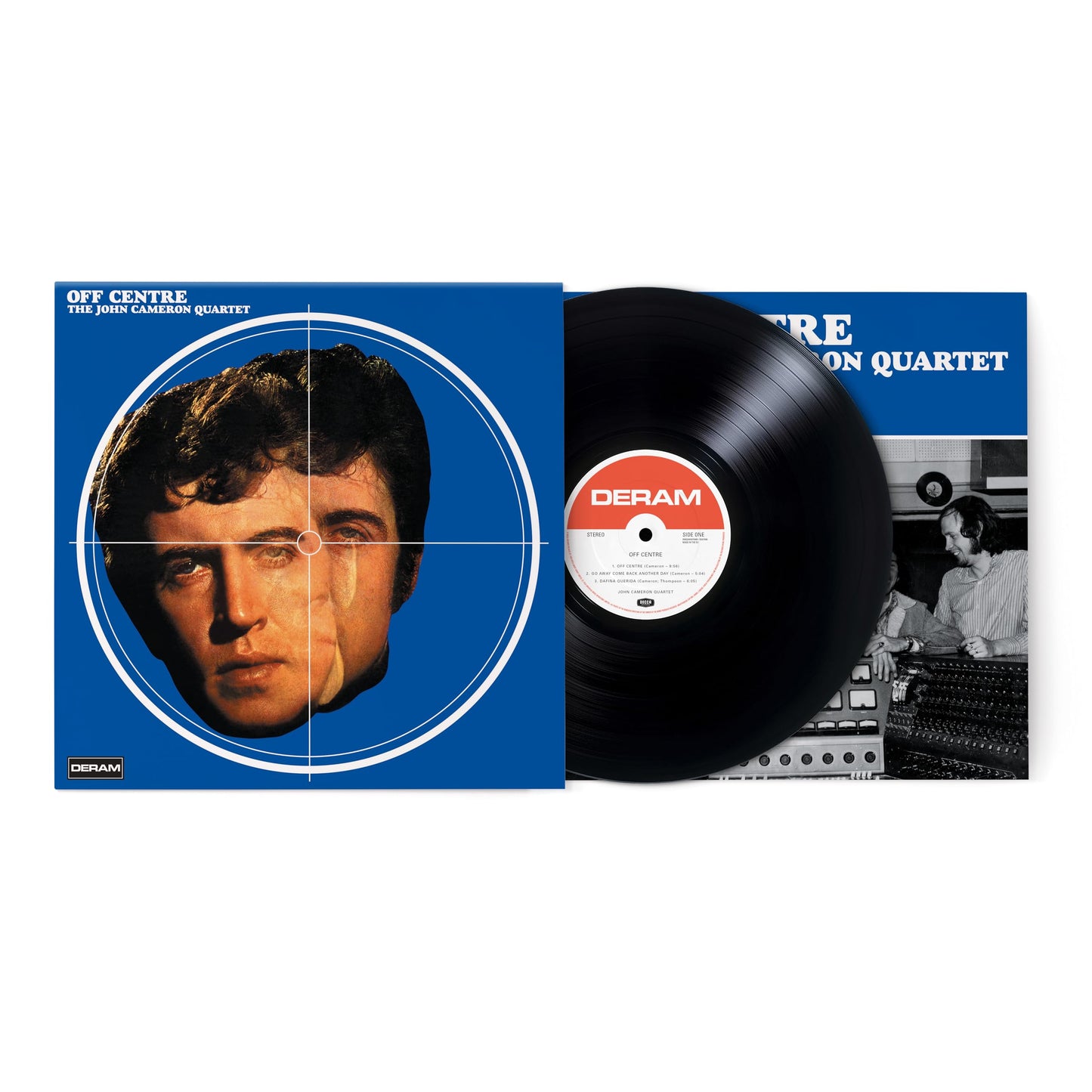 Vinyl record of "Off Centre" by John Cameron Quartet, blue and white cover.