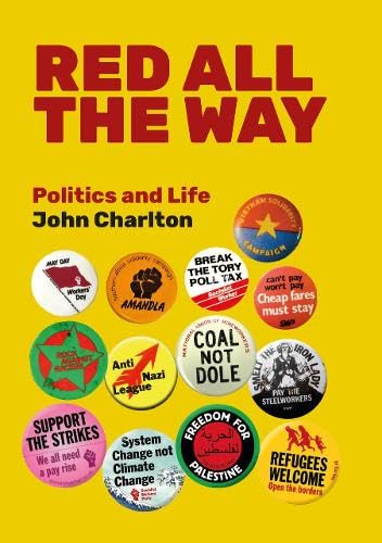 Book cover with yellow background, red title, and various political protest buttons.