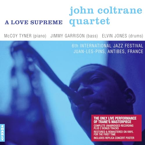 Album cover for John Coltrane’s “A Love Supreme” with a blue and black design.