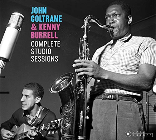 John Coltrane playing saxophone with Kenny Burrell on guitar in a recording studio.