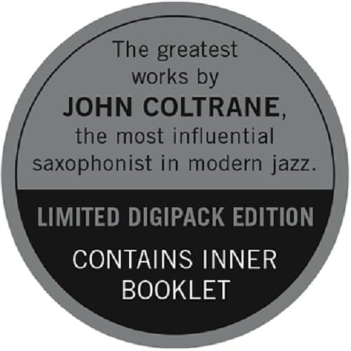 Circular gray sticker with text about John Coltrane and limited digipack edition details.