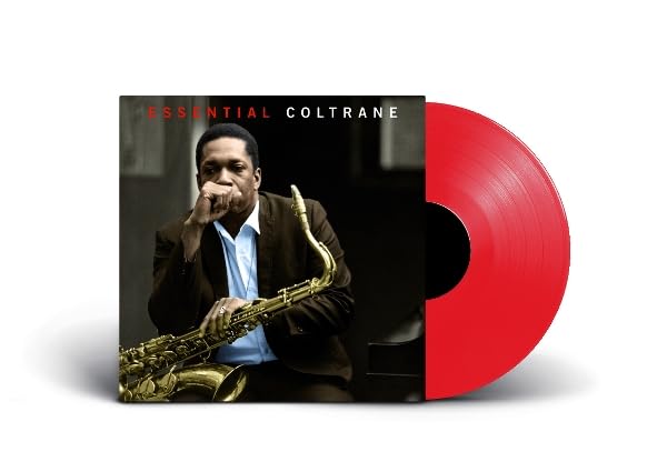 John Coltrane album cover and red vinyl record on white background.