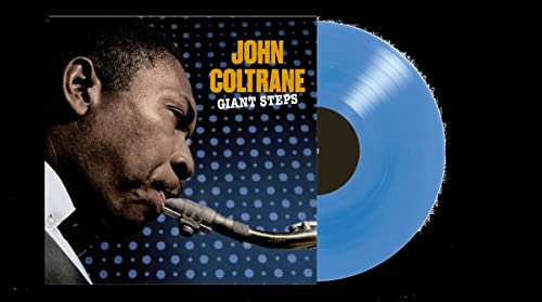 "Blue vinyl record with John Coltrane album cover featuring a man playing saxophone."