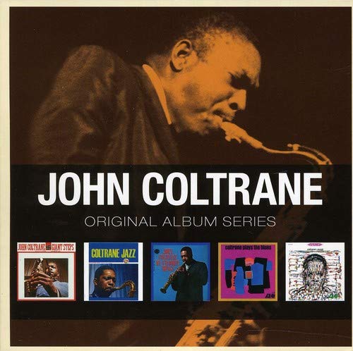 John Coltrane playing saxophone, five album covers below, titled "Original Album Series" CD.