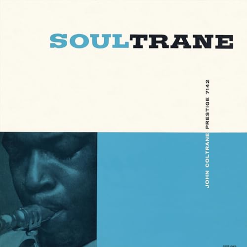 John Coltrane’s “Soultrane” vinyl album cover with blue and white blocks.