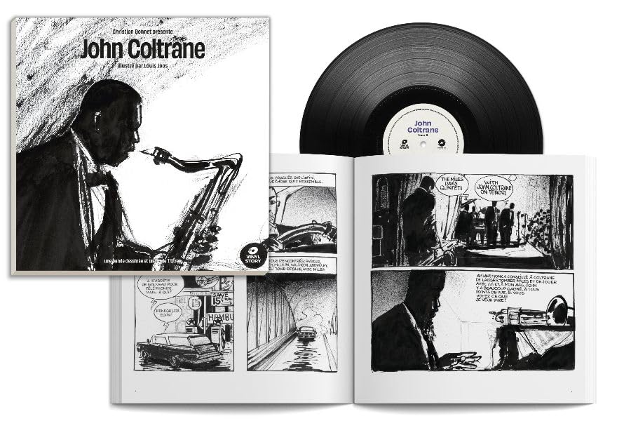 John Coltrane “Vinyl Story” vinyl record and accompanying black-and-white comic book.