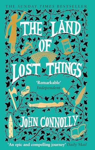 Book cover: gold illustrations of objects and figures on teal floral background.