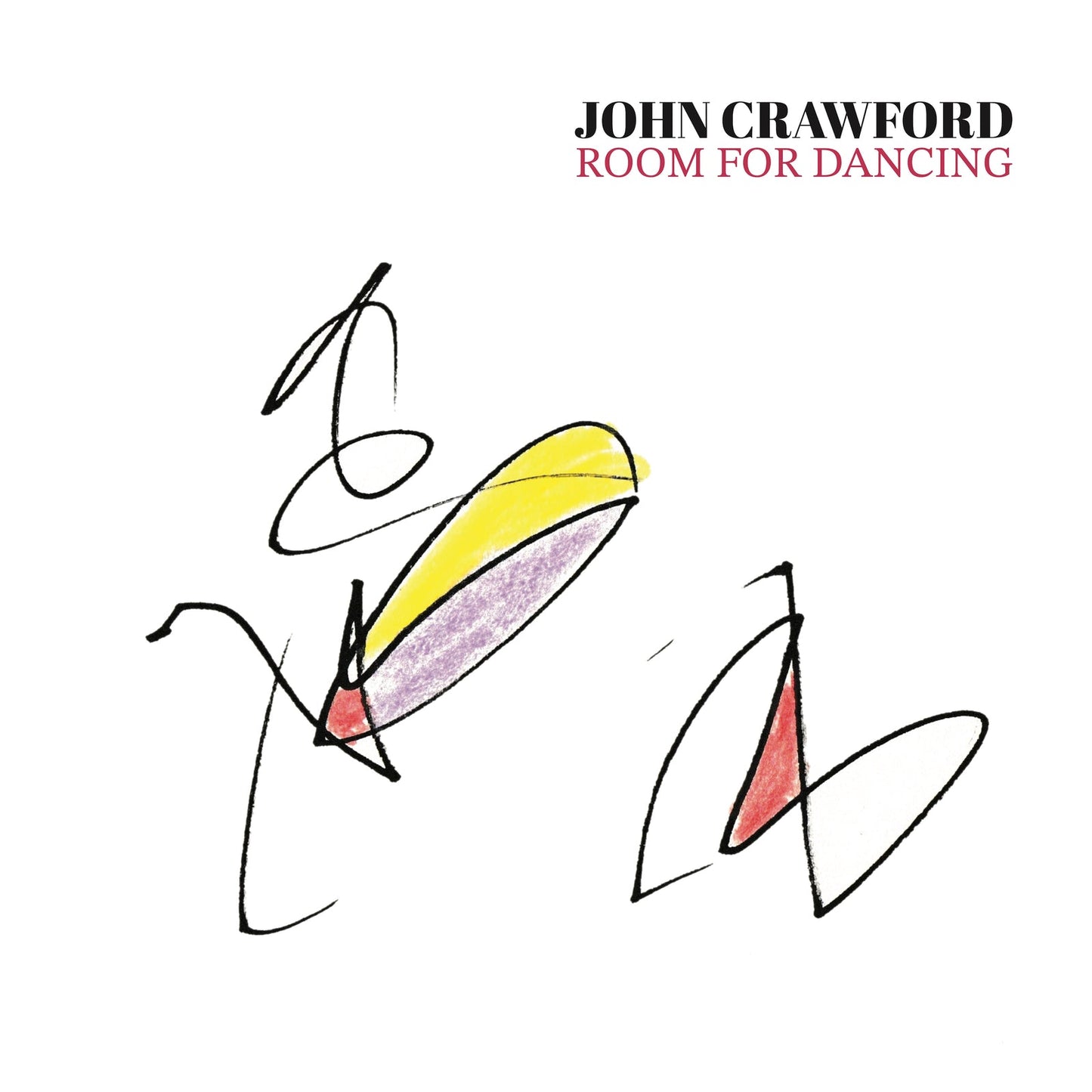 Album cover with black text and abstract pencil sketches with yellow, purple, and red.
