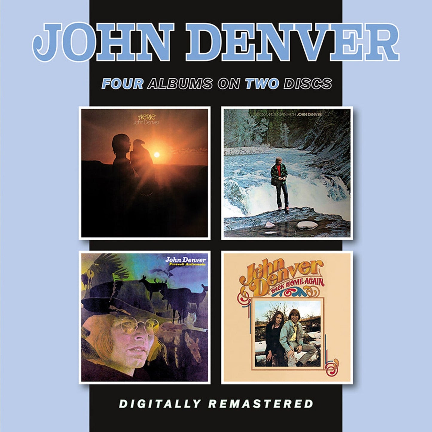 John Denver album covers collection on a dark red background.