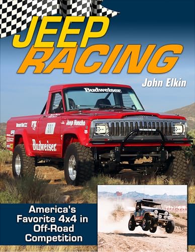 Red Jeep racing through desert terrain, book cover with title "Jeep Racing".
