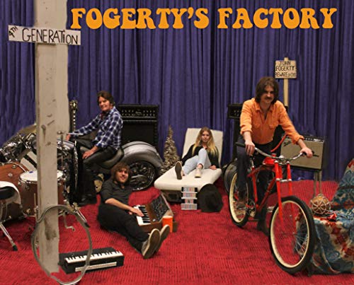 John Fogerty’s Factory album cover featuring musicians with bicycles and instruments.