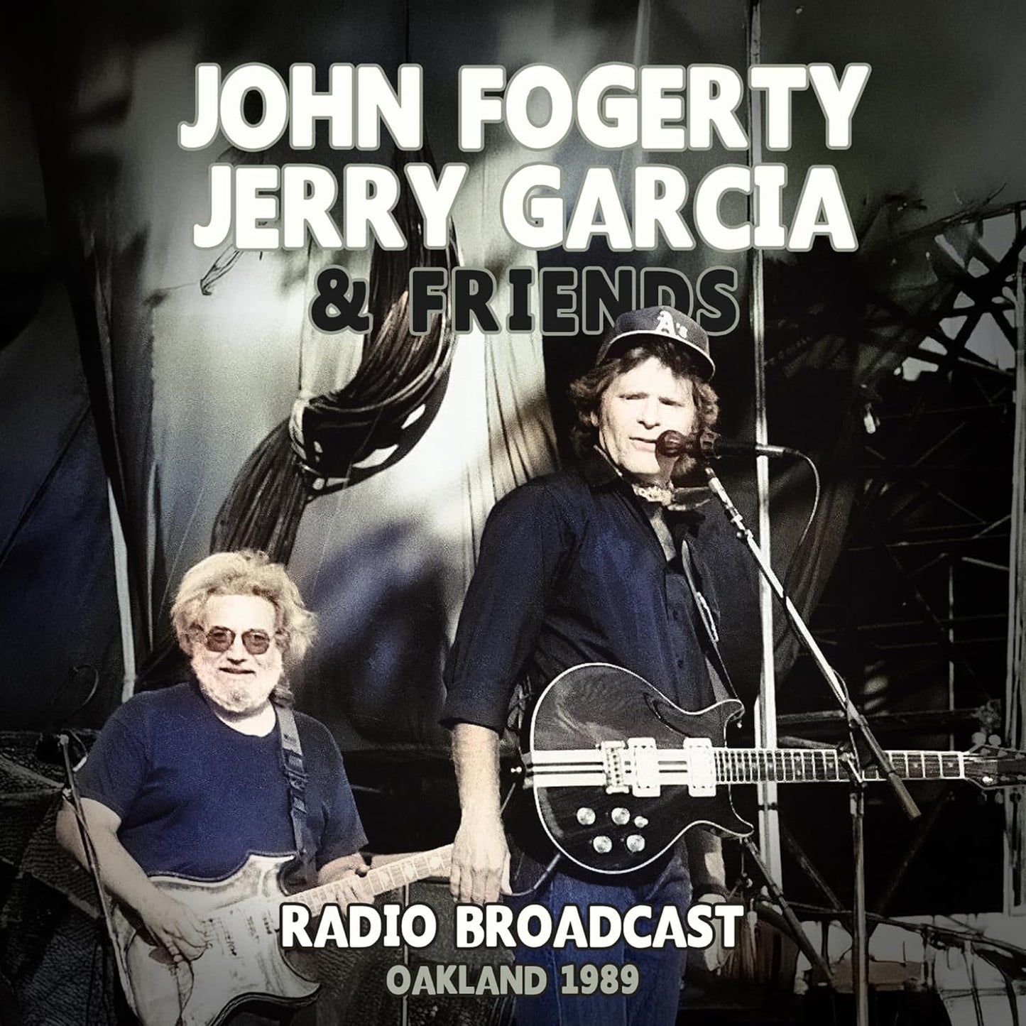 John Fogerty and Jerry Garcia performing on stage with guitars, Oakland 1989 concert cover.