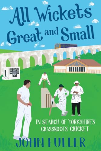 Book cover illustration of a cricket match on a green field with a viaduct.