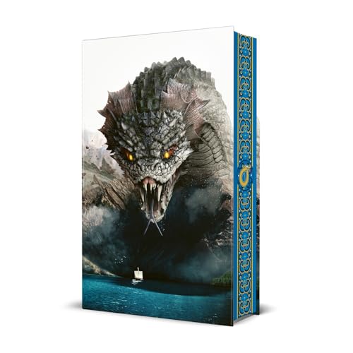 Hardback book cover featuring a giant sea serpent looming over a small ship.