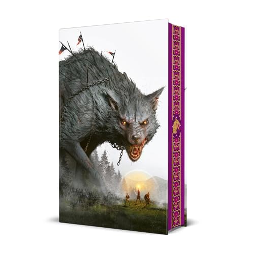 Hardback book cover featuring a large, monstrous wolf and distant figures.