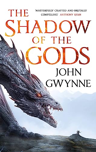 Book cover: dragon head, title “The Shadow of the Gods”, and small figure.