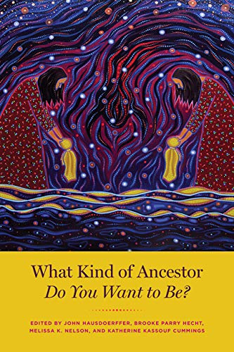Book cover with abstract swirling red and blue art, and yellow title text.