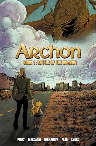 Book cover: man, child, and dragon against a cloudy, desert landscape.