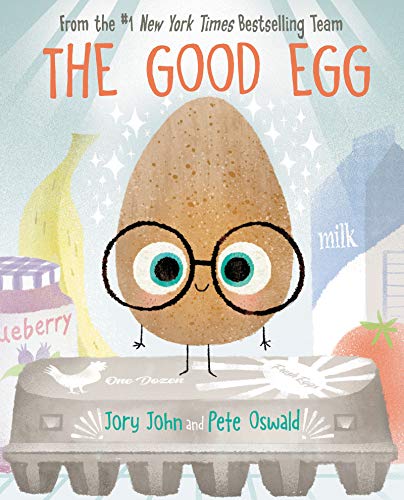 Cartoon egg with glasses stands in a carton with other foods.