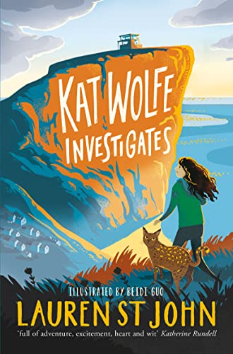 Book cover: girl, cat, and cliffside building in illustrated style.