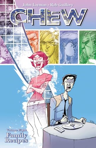 Chew" volume eight cover: cartoon people, food, and the title "Family Recipes".