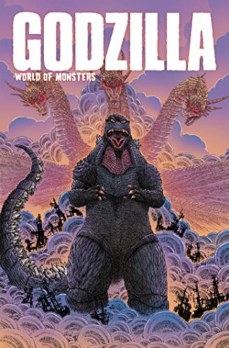 Godzilla facing King Ghidorah, a three-headed dragon, in a fiery scene.