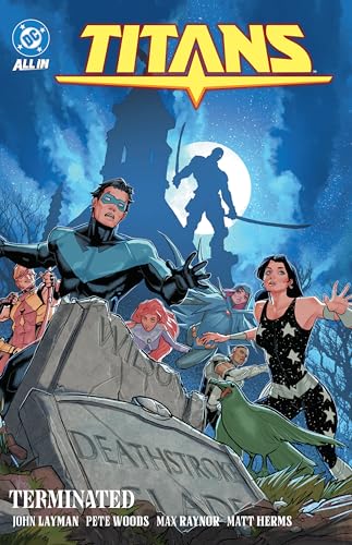 Titans comic book cover featuring Nightwing, Raven, and other heroes against a dark backdrop.
