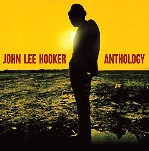 Silhouette of John Lee Hooker standing in a barren landscape against a yellow sky.