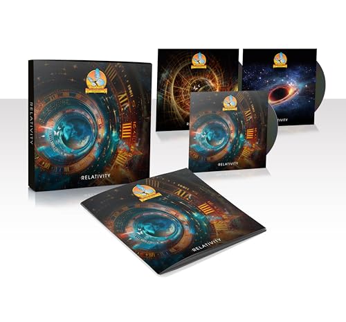 “Relativity” album packaging with celestial imagery, including CDs and Blu-ray discs.