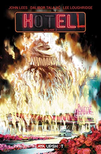 A burning hotel building with a monstrous, grinning face emerging from the flames.