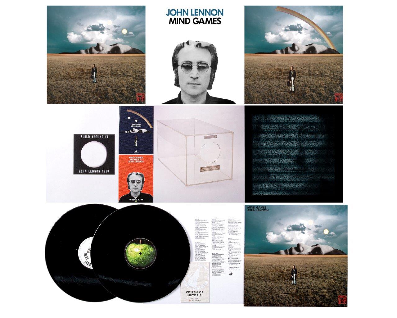 John Lennon’s “Mind Games” vinyl record and accompanying album artwork displayed.