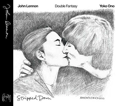 Black and white sketch of John Lennon and Yoko Ono kissing.