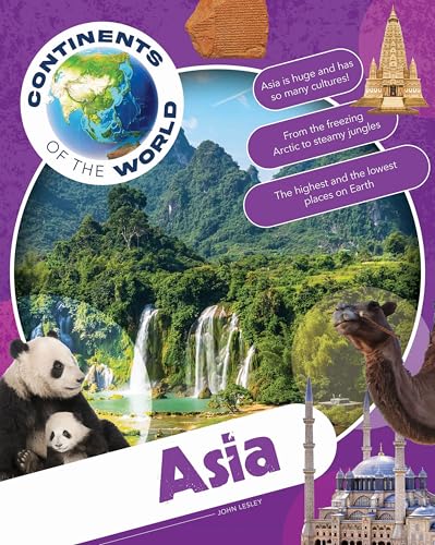 Book cover titled Asia featuring a panda, camel, waterfall, and Asian architectural landmarks.