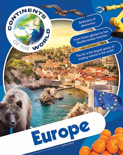 Book cover titled Europe featuring a coastal town, a bear, an eagle, and oranges.