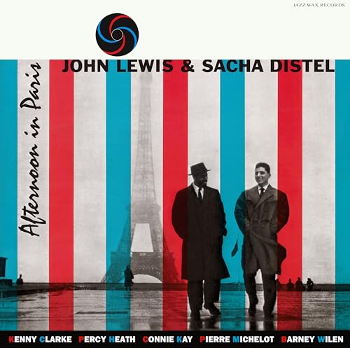 Vinyl cover featuring John Lewis and Sacha Distel before the Eiffel Tower with stripes.