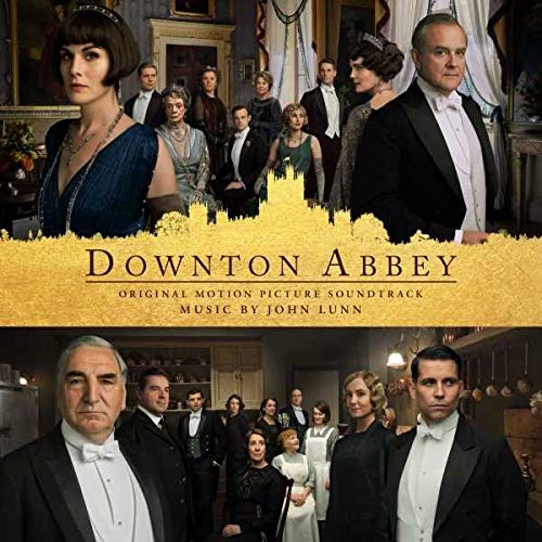 Downton Abbey" soundtrack CD cover featuring cast portraits in formal wear.