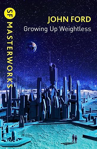Book cover: “Growing Up Weightless” with a lunar landscape and city skyline.