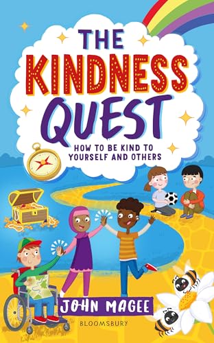 Book cover: "The Kindness Quest" with diverse children and a rainbow.