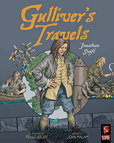 Gulliver's Travels" comic cover with Gulliver among tiny and giant people.