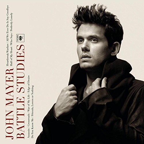 Sepia-toned album cover featuring John Mayer in a dark coat with song titles listed.