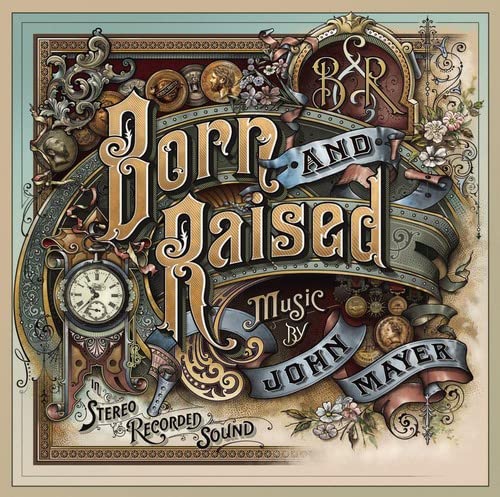 John Mayer's "Born And Raised" CD cover, ornate floral and vintage design.
