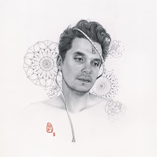 Black and white portrait of John Mayer with floral sketch artwork.