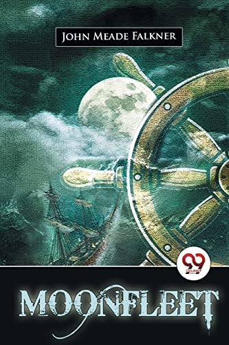 Book cover: "Moonfleet" with a ship's wheel and full moon illustration.